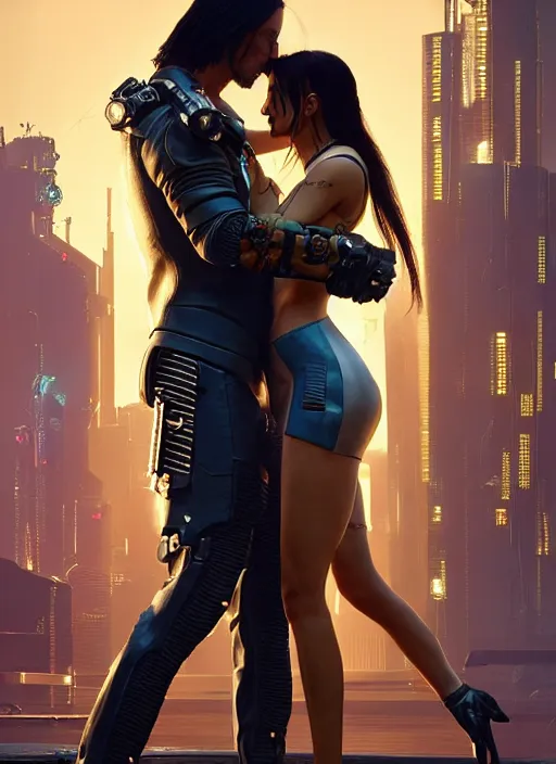 Image similar to a cyberpunk 2077 couple portrait of a Keanu Reeves as johnny silverhand and a female android in final kiss,couple pose,love,fantasy, intricate, elegant,by Alex Horley,Heather Theurer,aaron horkey,Greg Rutkowski,artstation,deviantart,FAN ART,Digital painting,face enhance,highly detailed,8K,octane,golden ratio,cinematic lighting