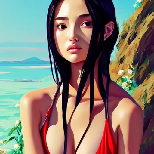Image similar to a beautiful young japanese natalie portman alluring gravure model, stylized concept art, wearing elegant designer bomber jacket and one piece bikini, bomber jacket with mesoamerican patterns, mesoamerican native street fashion, princess mononoke, painted by ilya kuvshinov aesthetic, gorgeous, stunning, alluring, attractive, artstation, pinterest, digital art