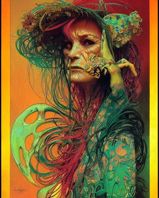 Prompt: rainbow flowerpunk portrait of a fierce old matriarch by paul lehr, beksinski, alphonse mucha