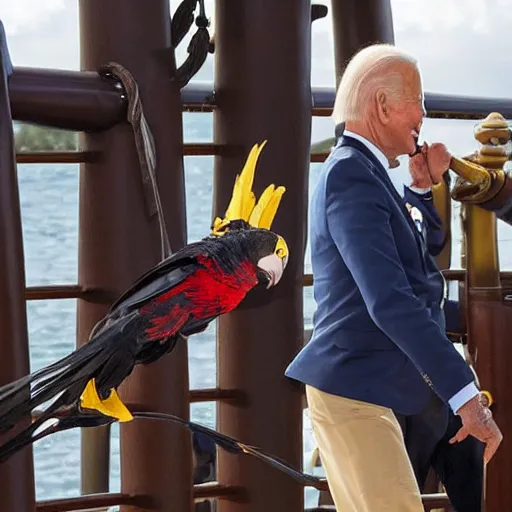 Prompt: Joe Biden as a pirate chasing his parrot on the main ship deck.