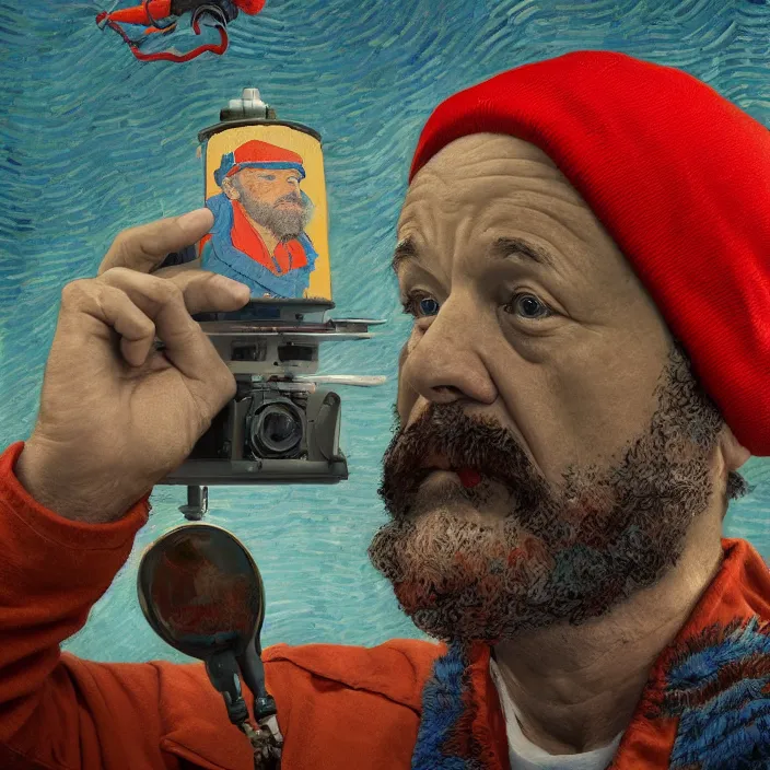 Image similar to portrait of bill murray as steve zissou, painting in the style of Wes Anderson. intricate artwork. by Van Gogh. octane render, trending on artstation, greg rutkowski very coherent symmetrical artwork. cinematic, high detail, octane render, 8k, iridescent accents