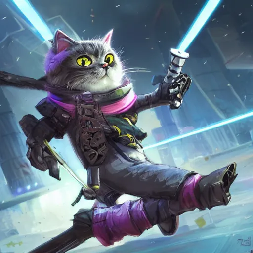 Image similar to cute and fluffy ninja cyberpunk cat fighting with a laser sword, full body, artstation, highly detailed, colorfull, digital painting, deep focus, sharp, smooth, rossdraws, by jason felix by steve argyle by tyler jacobson by peter mohrbacher, cinematic lighting, smooth, sharp focus, hd wallpaper, cinematic