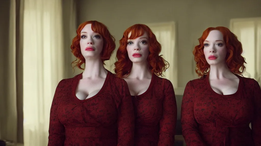 Image similar to a very surprised beautiful Christina Hendricks and her twin sister in the living room, film still from the movie directed by Denis Villeneuve with art direction by Salvador Dalí, wide lens