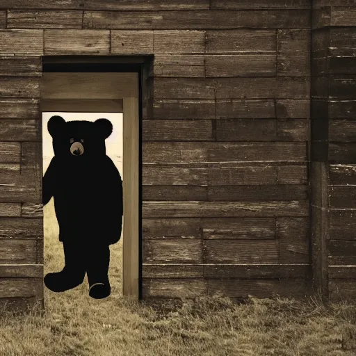 Image similar to dark photograph of a small bear mascot walking through a large wooden doorway