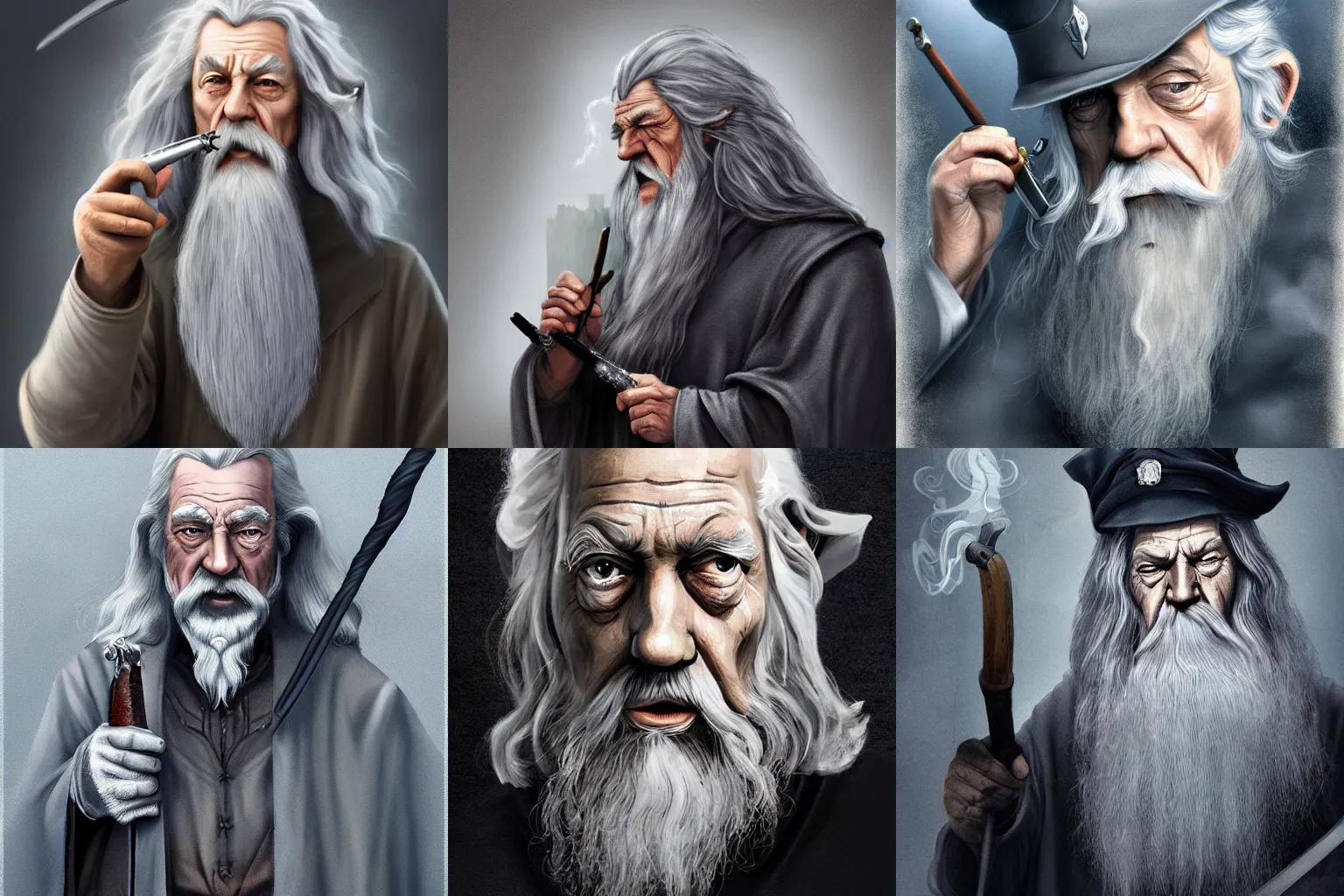 Prompt: Gandalf the Grey dressed as a police captain smoking a pipe, digital art, matte painting, trending on artstation, award-winning art, cinematic