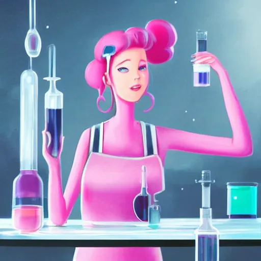 Image similar to princess bubblegum doing chemistry in a lab, matte art by ross tran