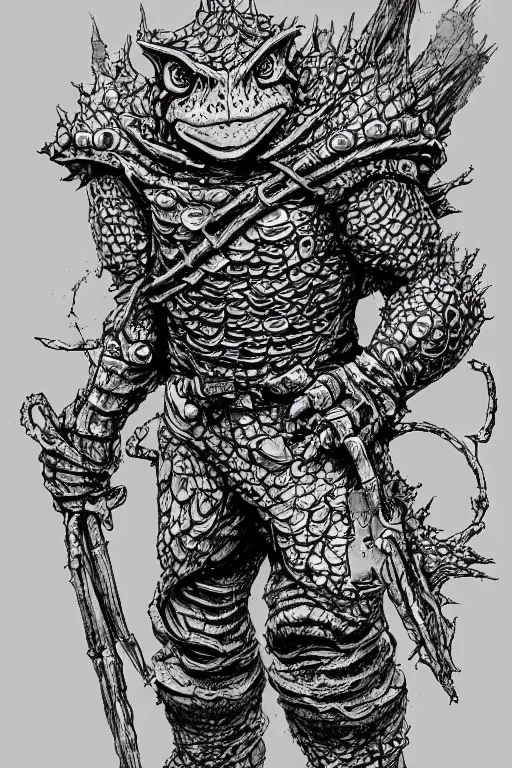 Image similar to toad goblin, wearing armour, swamp, symmetrical, highly detailed, digital art, sharp focus, trending on art station, kentaro miura manga art style