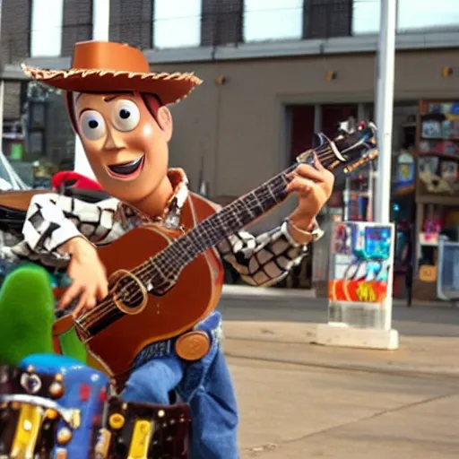 Image similar to woody from toy story in a metal band