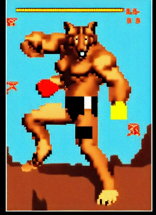 Image similar to extreme long shot. 8 bit nes graphics. antropomorphic muscular masculine wolf. kickboxer fighter, in shorts. wolf head. furr on body. like game contra.