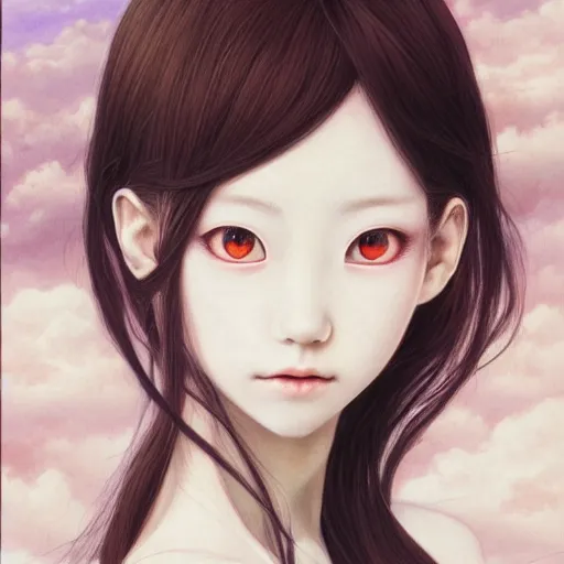 Image similar to young vampire Portrait by Miho Hirano, manga, realistic, detailed, white, light pink tonalities, beautiful collage technique including clouds, sea, wind, ornate sea background, beautiful Fantasy detailed trending on artstation, oil painting,Dramatic lighting, eterea , high quality print, fine art with subtle redshift rendering