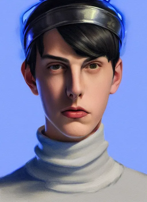 Image similar to portrait of teenage jughead jones wearing a light grey crown, crown, blue turtleneck, 1 9 5 0 s, closed eyes, photorealistic, black hair, glowing lighting, intricate, elegant, glowing lights, highly detailed, digital painting, artstation, concept art, smooth, sharp focus, illustration, art by wlop, mars ravelo and greg rutkowski