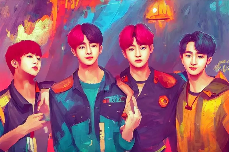 Image similar to “ a portrait of members of bts band, rainy background, bright art masterpiece artstation. 8 k, sharp high quality artwork in style of jose daniel cabrera pena, concept art by tooth wu, hearthstone card game artwork. ”