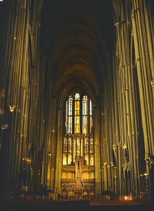 Image similar to a 3 5 mm photo of the interior of a gorgeous gothic cathedral, bokeh, canon 5 0 mm, cinematic lighting, dramatic, film, photography, golden hour, depth of field, award - winning, 3 5 mm film grain, retro, film, kodachrome