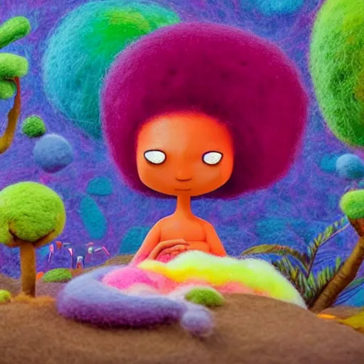 Image similar to a black girl with a colorful afro and big beautiful eyes meditating in an african zen garden with a waterfall!! and a baobab tree, bokeh!, bright colors, synthwave, watercolor, volumetric wool felting, felt, macro photography, children illustration, by goro fujita