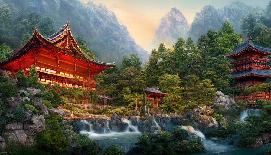 Image similar to rivendell with japanese pagodas built in the mountains with waterfalls and forest at the foot of green gigantic mountains at sunset, fireplace, hyperdetailed, artstation, cgsociety, 8 k