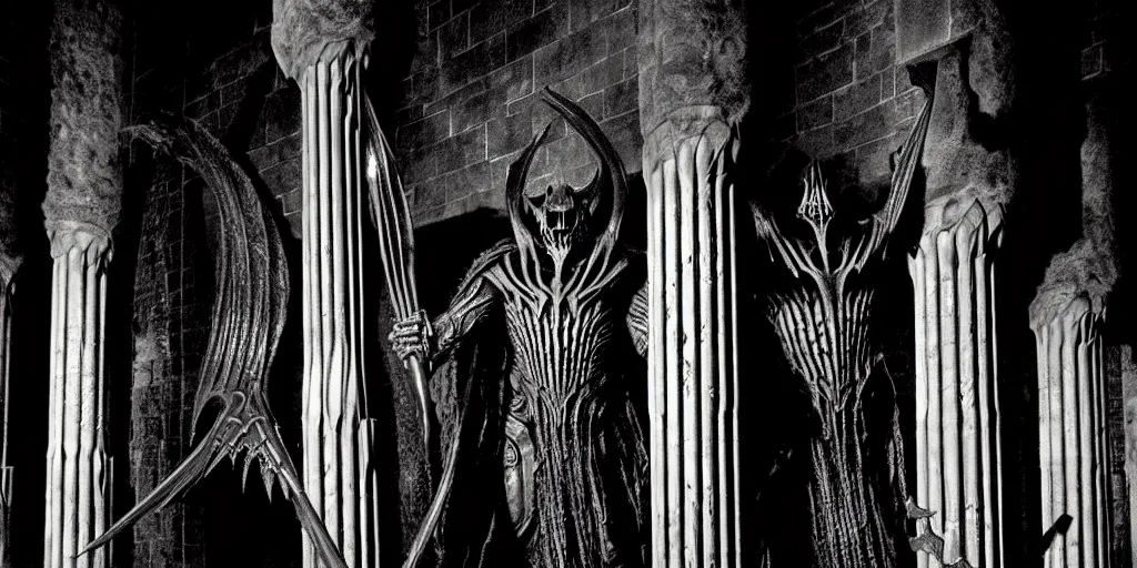 Image similar to durin's bane in the great hall of moria, columns along both sides of the great hall, style of h. r. giger, dark, cinematic