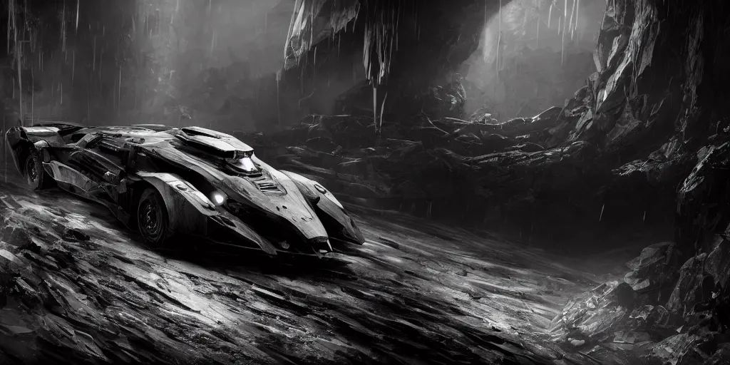 Image similar to the batmobile standing in a very dark and wet cave. highly detailed. intricate. mist. atmospheric. unreal engine render. rim light. photorealistic. 8 k. monochrome. cinematic. matte painting in the style of sparth and ash thorp. trending on artstation.