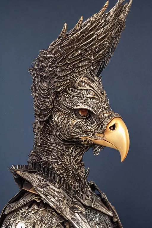 Prompt: sideview waist up portrait of eagle wear baphomet armor made with porcelain by jeff easley and peter elson, beautiful eyes and face, symmetry face, galaxy, gothic, surreal, dread, highly detailed, intricate complexity, epic composition, magical atmosphere, masterpiece, award winning, trending on artstation