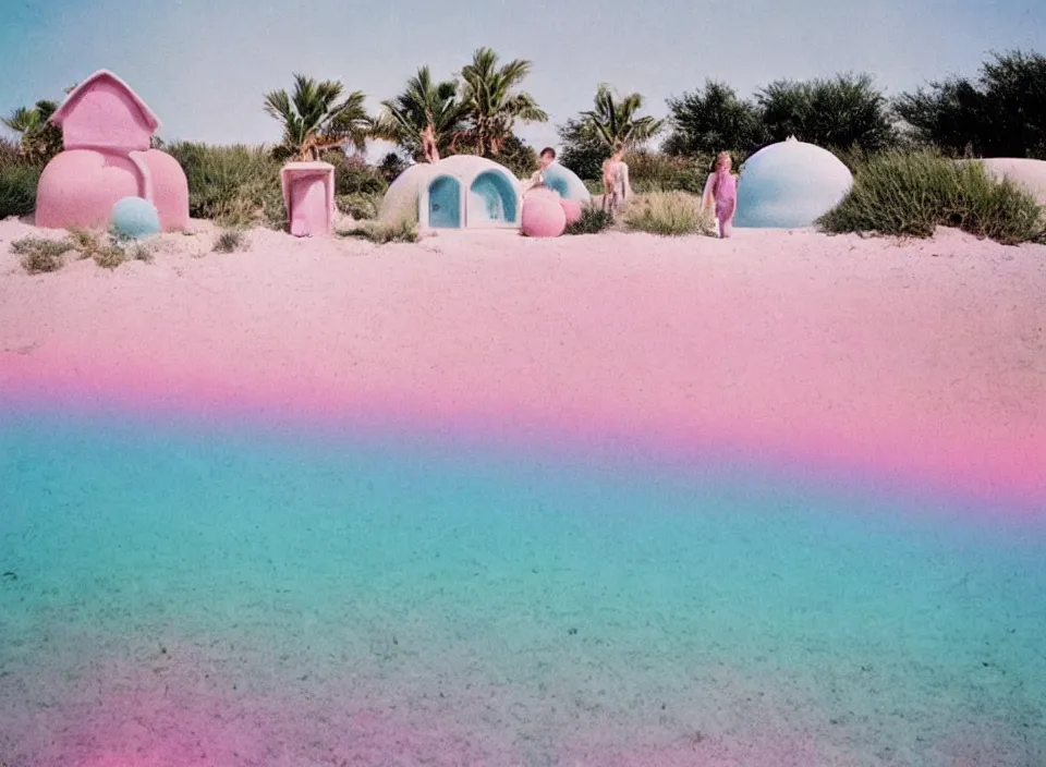 Image similar to a pastel coloured vintage family holiday photo of an empty beach from an alien dreamstate world with chalky pink iridescent!! sand, reflective lavender ocean water, dim bioluminescent plant life and an igloo shaped shiny plastic festival stage and transparent box speakers!!. glare. refraction, volumetric light.