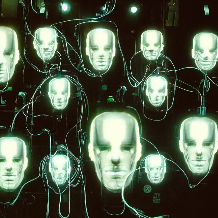 Image similar to five badly lit translucent cyborg heads with bio - luminiscent wires and neon lights lying on the shelf in the dark warehouse, sci - fi, film still from johnny mnemonic, wide lens, cinematic, 8 k