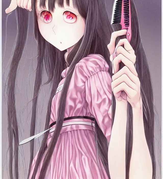 Prompt: portrait of a morbid 18 year old young woman wearing a dress of the soft aesthetic with wavy long hair, in a butcher shop, queen of sharp razorblades holds a single small sharp blade or a razor her hand and shows it to the user, in the style of Range Murata and by Katsuhiro Otomo and Yoshitaka Amano.