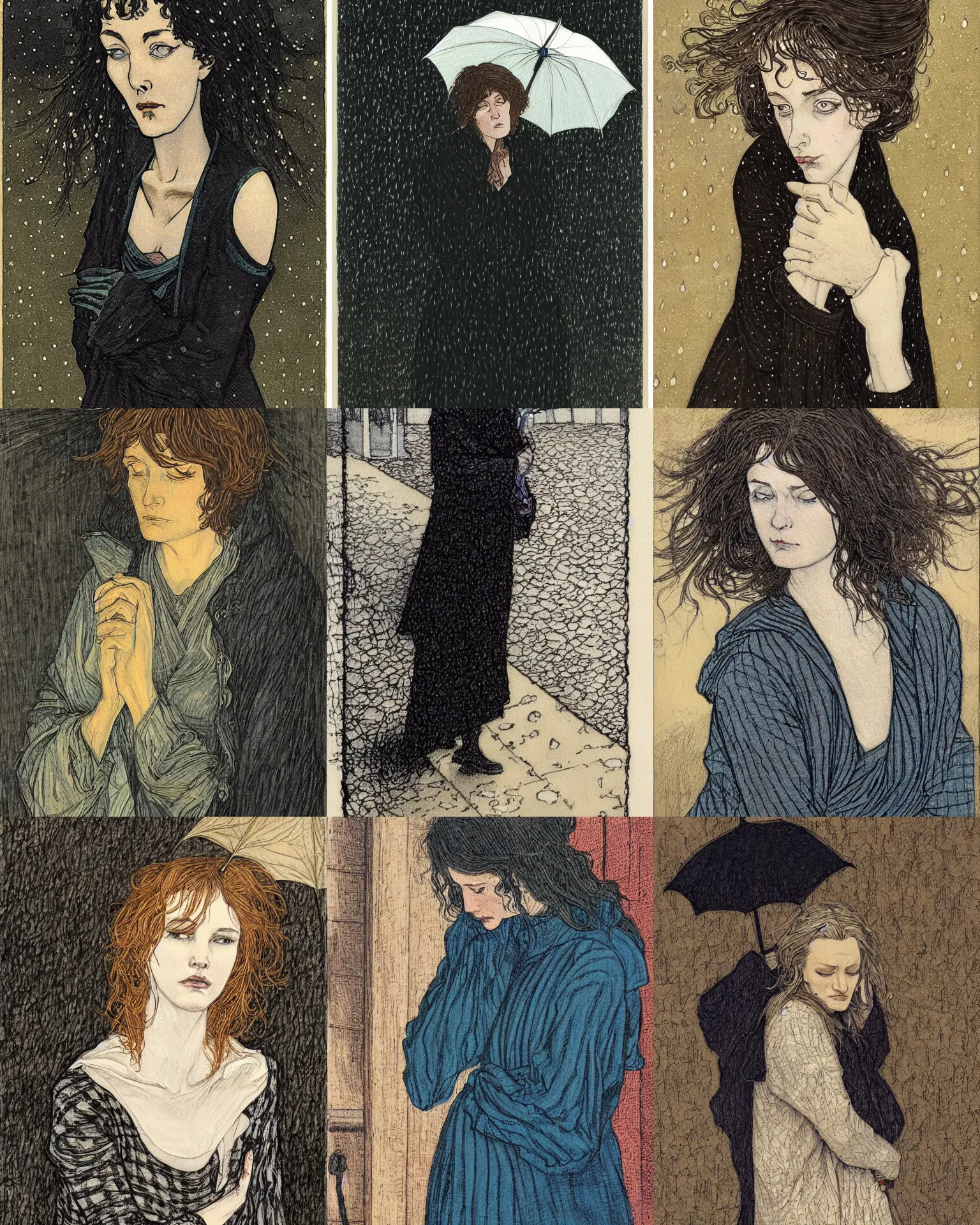 Prompt: portrait of a sad middle - aged woman by rebecca guay, rain, street at night, melancholy