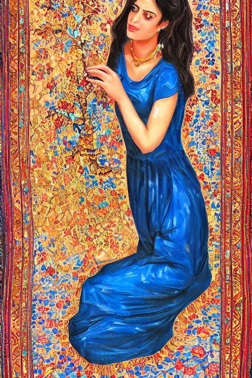 Image similar to gorgeous iranian girl waer detailed golden blue dress lay down on a detailed persian carpet a big tree palm persian pot, oil painting