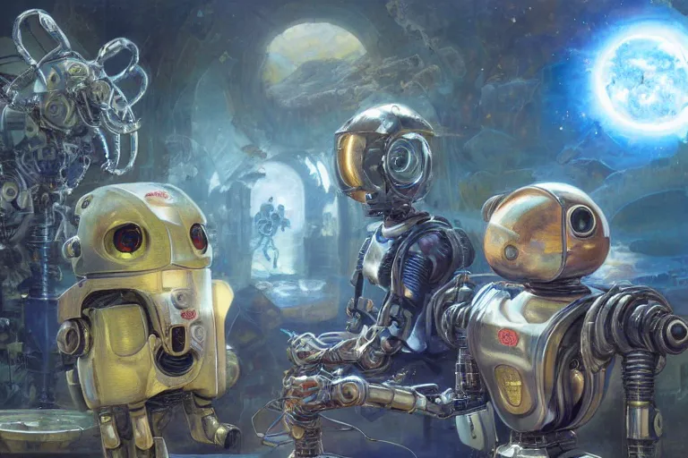 Image similar to derpy shiny mechanical android robots, Lilia Alvarado, Sophie Anderson, Mark Arian, Bob Byerley, Charlie Bowater, Mark Brooks, Steve Henderson, Justin Gerard, Arthur Hughes, Edward Robert Hughes, Mark Keathley, Victor Nizovtsev, Carlos Shwabe, Ross Tran, WLOP