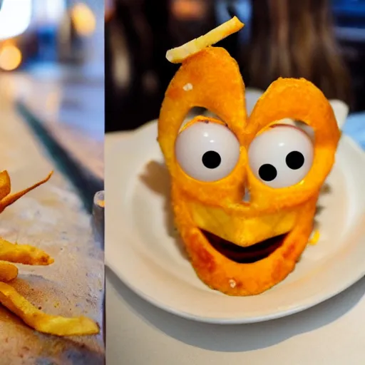 Image similar to photo of [ a single salted french fry chip ] shaped like that looks like stephen fry as a pixar character hybrid intercross mix cinematic lighting