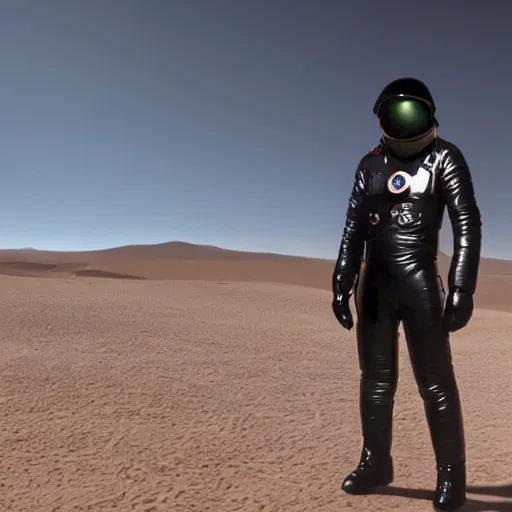 Prompt: a movie still of a spaceman in a futuristic black space suit on a desert planet