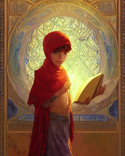 Image similar to a bedouin child infront of an big open quran highly detailed, gold filigree, romantic storybook fantasy, soft cinematic lighting, award, disney concept art watercolor illustration by mandy jurgens and alphonse mucha and alena aenami, pastel color palette, featured on artstation