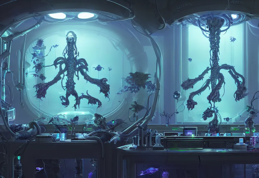 Prompt: a starcraft's zerg inside his bioreactor, observed by a thin male scientist in his biotech lab, from love death and robots ( 2 0 1 9 ). coherent portrait, intricate, elegant, highly detailed, digital photo, trending on artstation, hdr photo, smooth, sharp focus