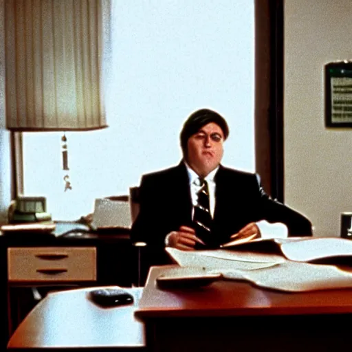 Image similar to clean - shaven chubby white wearing a shirt and necktie sitting at a desk, 1 9 8 9 movie still, cinematography, cinematic lighting