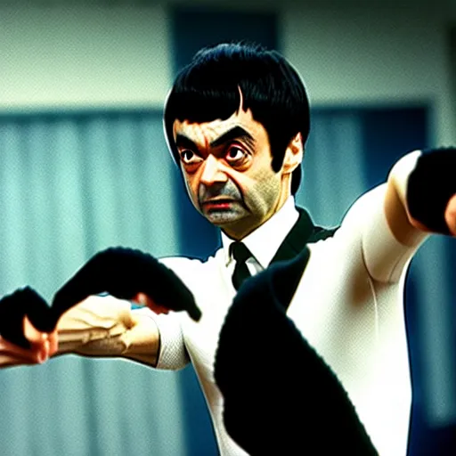 Image similar to mr. bean as bruce lee. movie still. cinematic lighting.