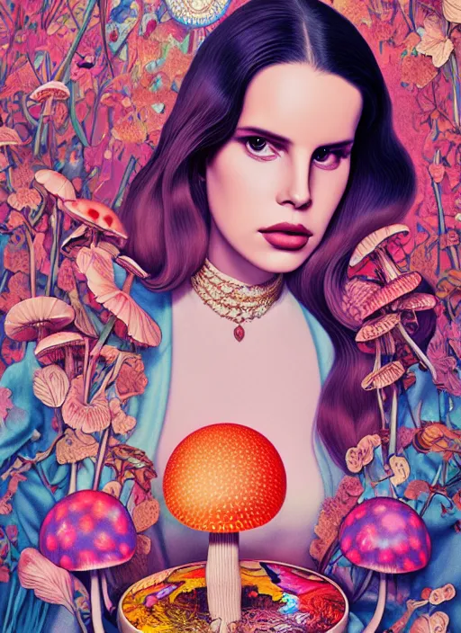 Image similar to pretty lana del rey with hallucination mushroom : : by martine johanna and simon stalenhag and chie yoshii and casey weldon and wlop : : ornate, dynamic, particulate, rich colors, intricate, elegant, highly detailed, vogue, harper's bazaar art, fashion magazine, smooth, sharp focus, 8 k, octane render,