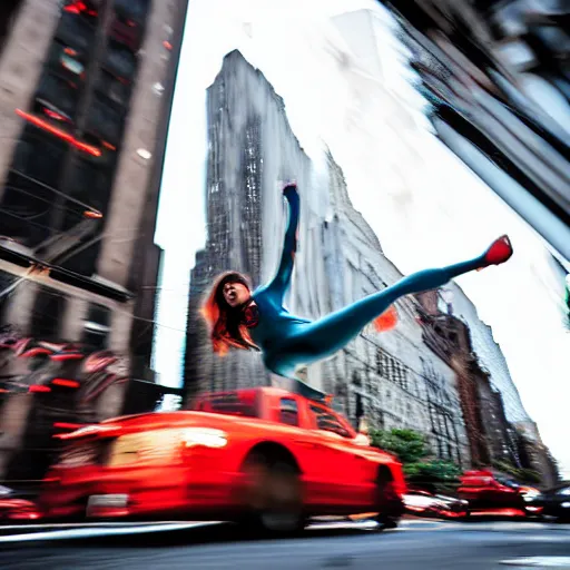 Prompt: Cindy Moon as Silk webswinging through New York City, high-speed sports photography