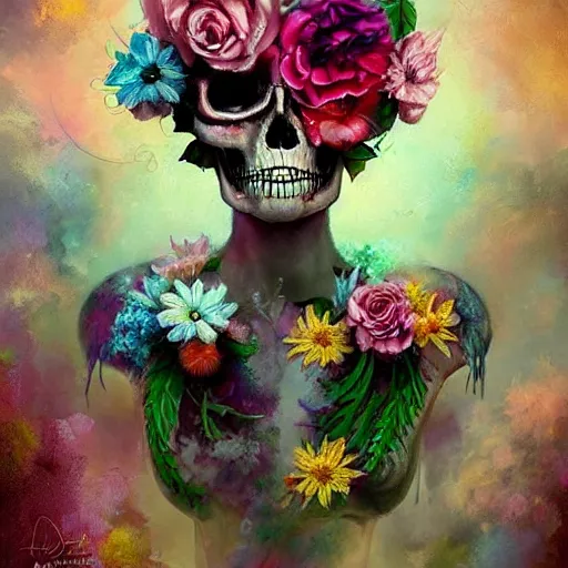 Prompt: colorful skull in flowers, by lise deharme, digital art, detailed masterpiece