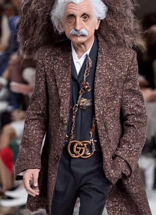 Image similar to hyperrealistic and heavy detailed gucci runway show of albert einstein, leica sl 2 5 0 mm, vivid color, high quality, high textured, real life