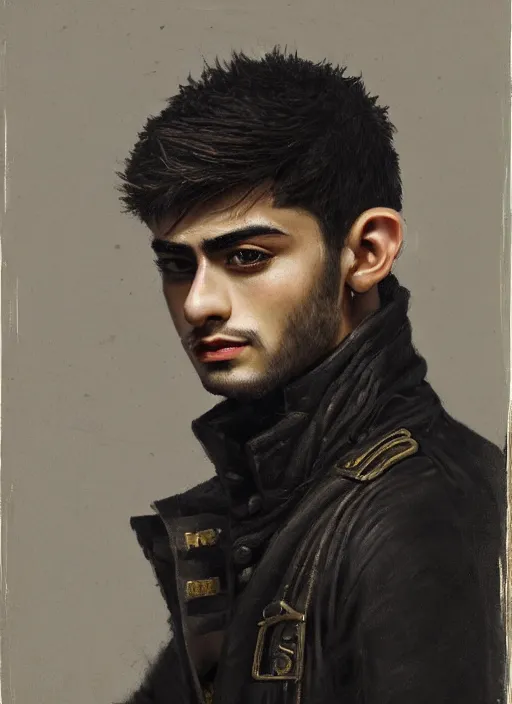 Image similar to head and shoulders portrait painting of young man who looks like zayn malik as an elf by jeremy mann, wearing leather napoleonic military style jacket, only one head single portrait, pointy ears, black background, soft top lighting, dark and moody, shadowed, contrast