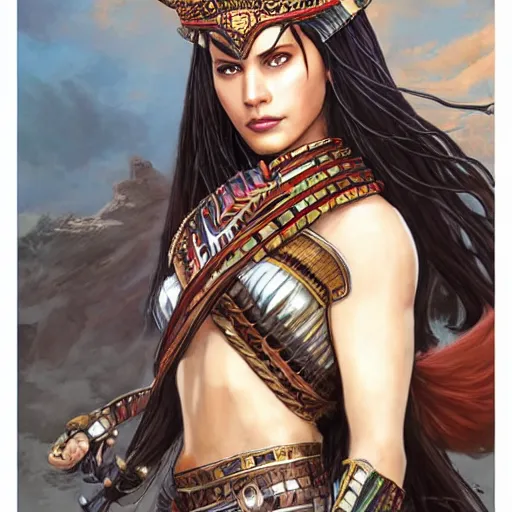 Image similar to a beautiful female aztec warrior wearing a futuristic crown of very long quetzal feathers, by riccardo federici, xin haicheng, and artgerm, with a perfect body and perfectly positioned face, strong jawline and flowing dark hair, brown eyes, fair skin, global illumination h - 7 0 4