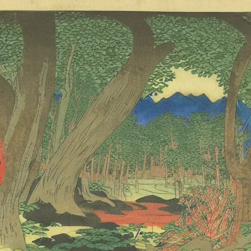 Image similar to A beautiful photograph of a serene and picturesque forest scene. The leaves are all different shades of green, and the sunlight is shining through the trees. There is a small stream running through the forest, and the whole scene is surrounded by mountains. lawn green, ensō by Utagawa Kuniyoshi, by Jean Fouquet