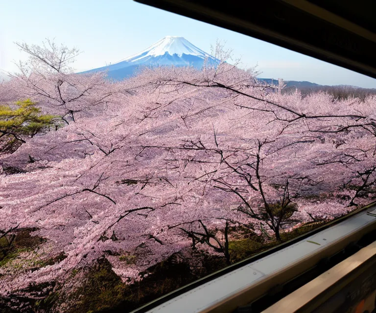 Image similar to a photo of mount fuji, over a sakura forest, seen from a window of a train. beautiful!