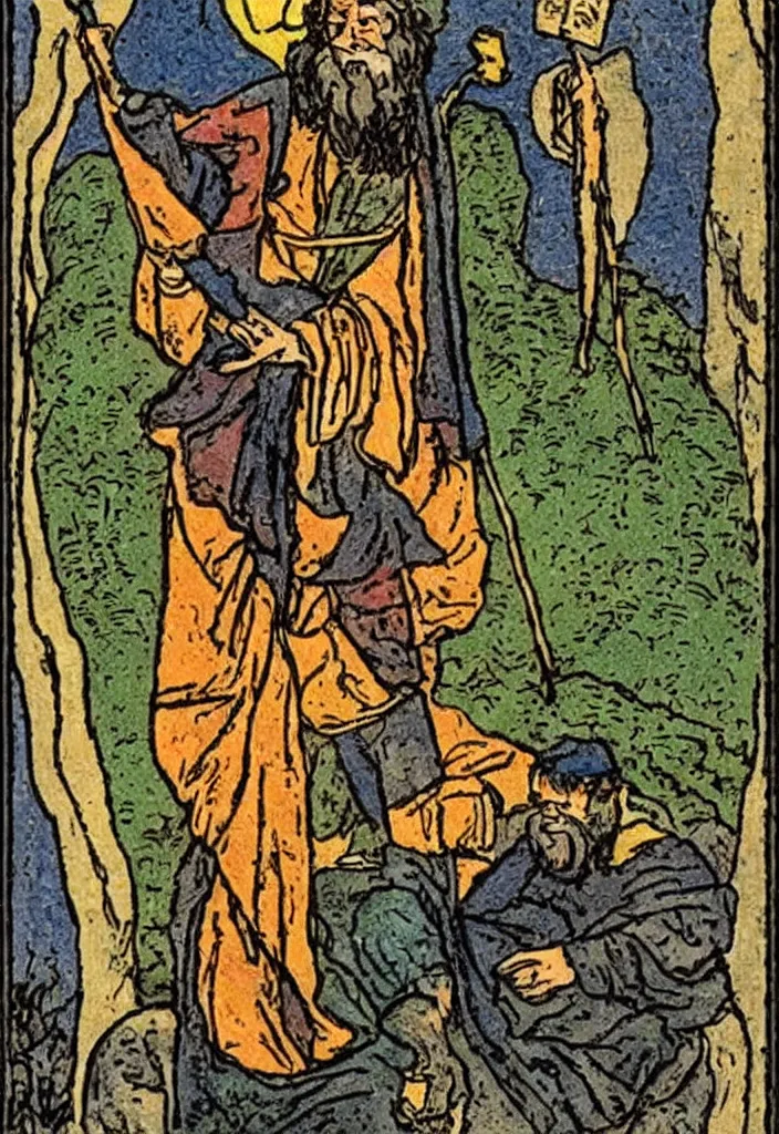 Prompt: Yann LeCun as Hermit on the Rider–Waite tarot