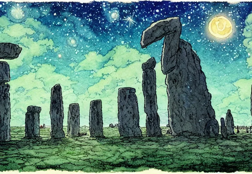 Image similar to a simple watercolor studio ghibli movie still fantasy concept art of a giant druid towering above stonehenge in the ocean. it is a misty starry night. by rebecca guay, michael kaluta, charles vess