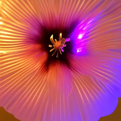 Image similar to a shiny, metallic, futuristic hibiscus flower, LED light filaments, unreal engine