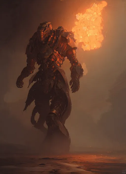 Image similar to a photorealistic dramatic hyperrealistic render of an armored fire golem by wlop, greg rutkowski, alphonse mucha, beautiful dynamic dramatic dark moody lighting, shadows, cinematic atmosphere, artstation, concept design art, octane render, 8 k