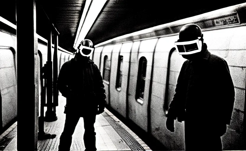 Image similar to welder wearing welding masks in the subway, by richard avedon, ominous lighting, tri - x pan stock