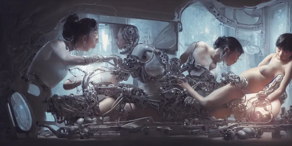 Prompt: hyperrealistic photography of a gorgeous cyborg constructing a human birthing machine in the style of Jin Kagetsu, James Jean and wlop, highly detailed, masterpiece, award-winning, sharp focus, intricate concept art, ambient lighting, 8k, artstation