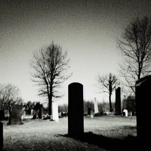 Prompt: insane nightmare, no light, everything is blurred, creepy shadows, cemetery, very poor quality of photography, 2 mpx quality, grainy picture