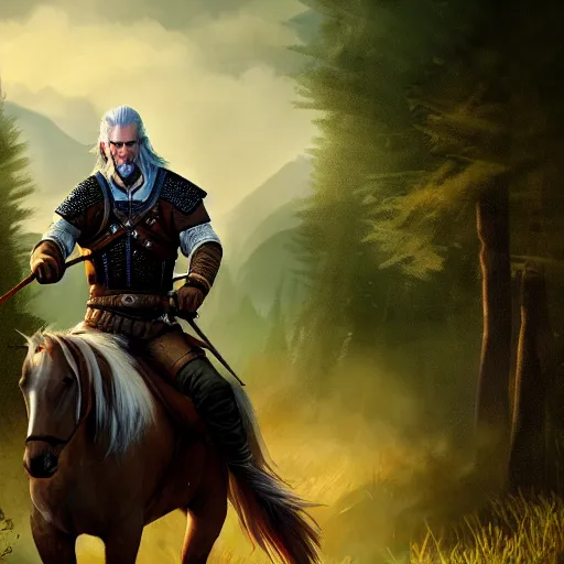 Prompt: Geralt of Rivia riding a horse in forest, 4k, artstation, cgsociety, award-winning, masterpiece, stunning, beautiful, glorious, powerful, fantasy art